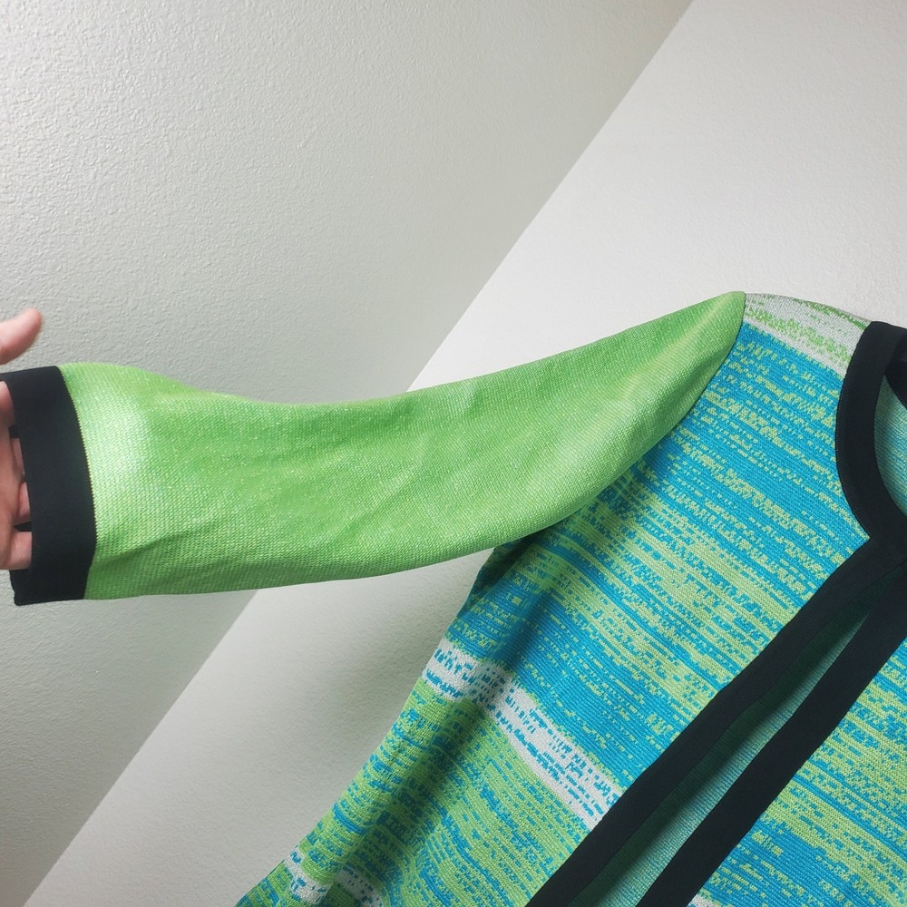 Ming Wang Sweater Knit Jacket Blazer Green Turquoise Striped Open Front Large - Picture 7 of 13